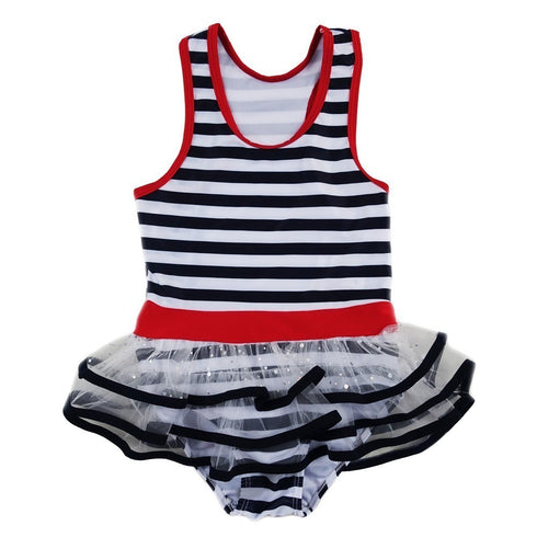 Little Girls Navy White Stripe Skirted One Piece Swimsuit 2T-7 - SophiasStyle.com